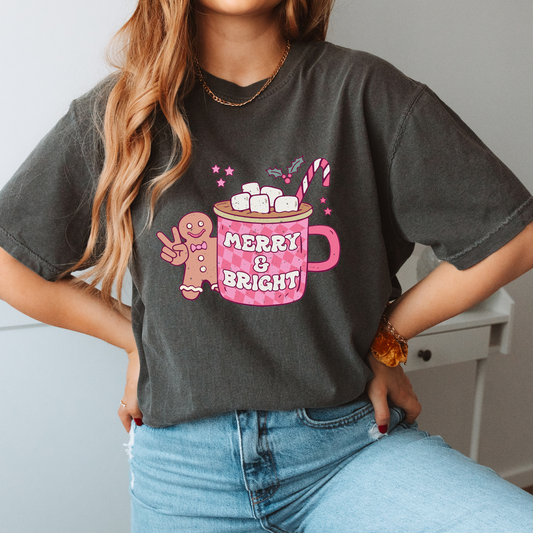 Merry & Bright Hot Cocoa PNG | Retro Christmas Sublimation | Gingerbread T shirt Design