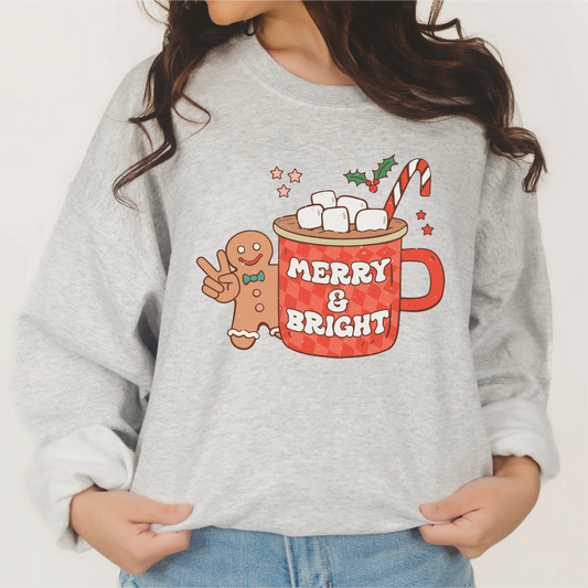 Merry & Bright Hot Cocoa PNG | Retro Christmas Sublimation | Gingerbread T shirt Design