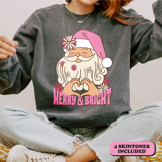 Merry & Bright PNG SVG | Cute Christmas Sublimation | Retro Boho Santa T shirt Design