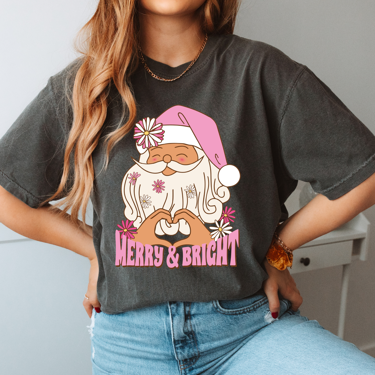 Merry & Bright PNG SVG | Cute Christmas Sublimation | Retro Boho Santa T shirt Design