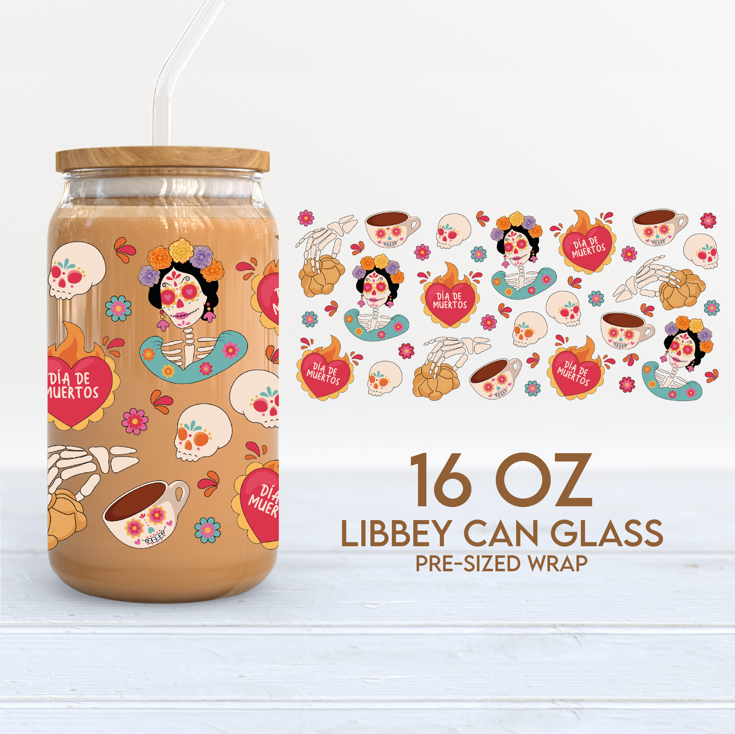 Dia de Muertos Cup Wrap | Catrina, Sagrado Corazon 16oz Libbey Can Glass PNG SVG