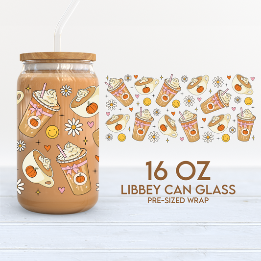 Pumpkin Spice Latte Cup Wrap | Fall Autumn 16oz Libbey Can Glass | Coffee PNG SVG