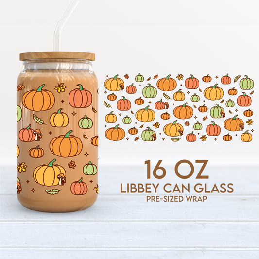 Fall Pumpkins Cup Wrap | Autumn 16oz Libbey Can Glass | Pumpkin Patch PNG SVG