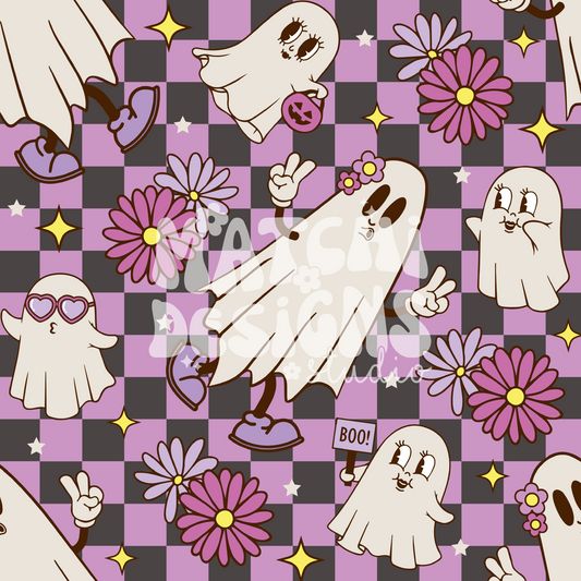 Halloween Purple Seamless Pattern, Flowers and Ghosts Pattern for Fabric Sublimation
