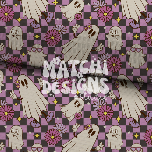 Halloween Purple Seamless Pattern, Flowers and Ghosts Pattern for Fabric Sublimation