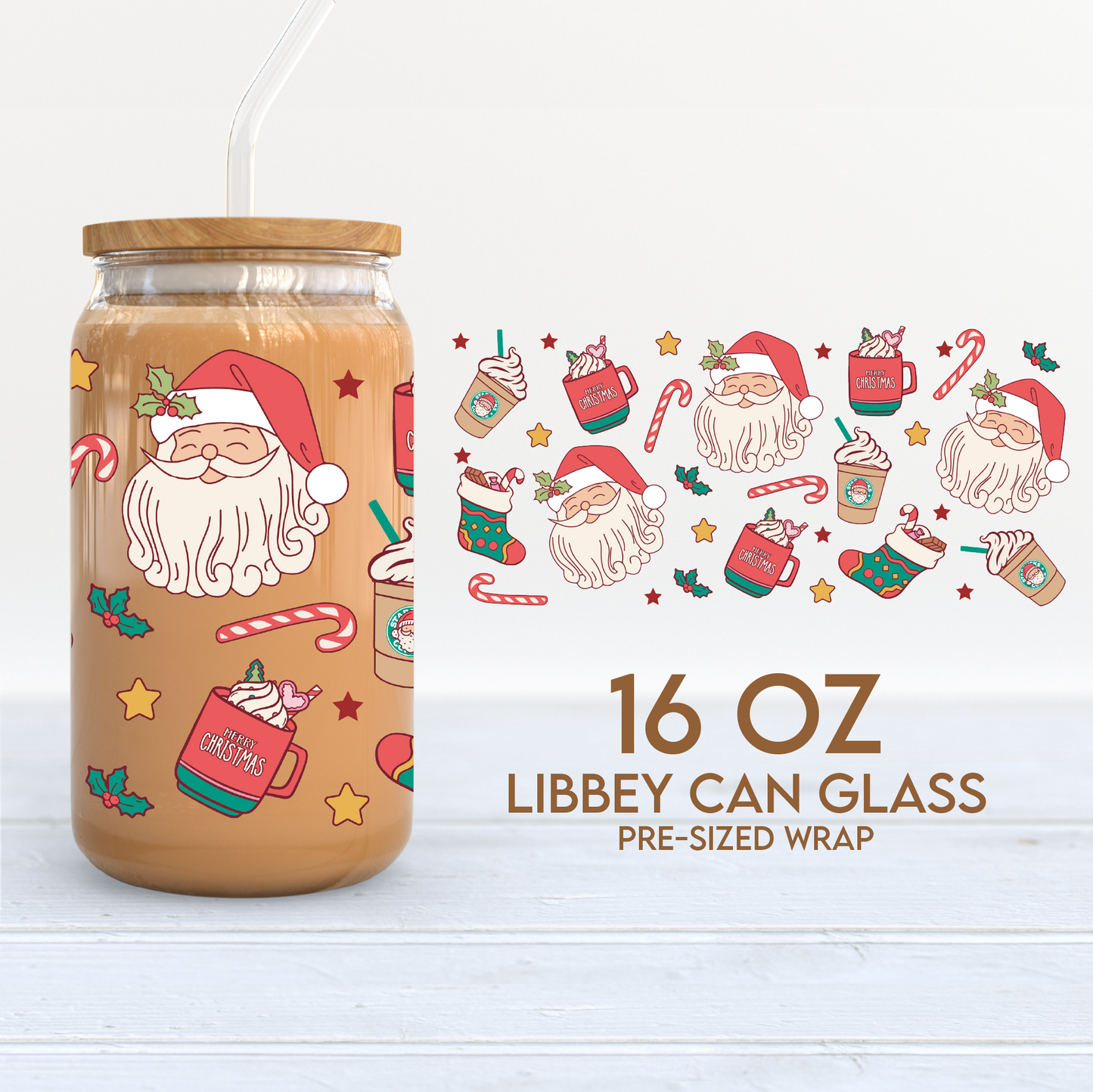 Santa Claus Cup Wrap | 16oz Libbey Can Glass | Retro Christmas PNG SVG