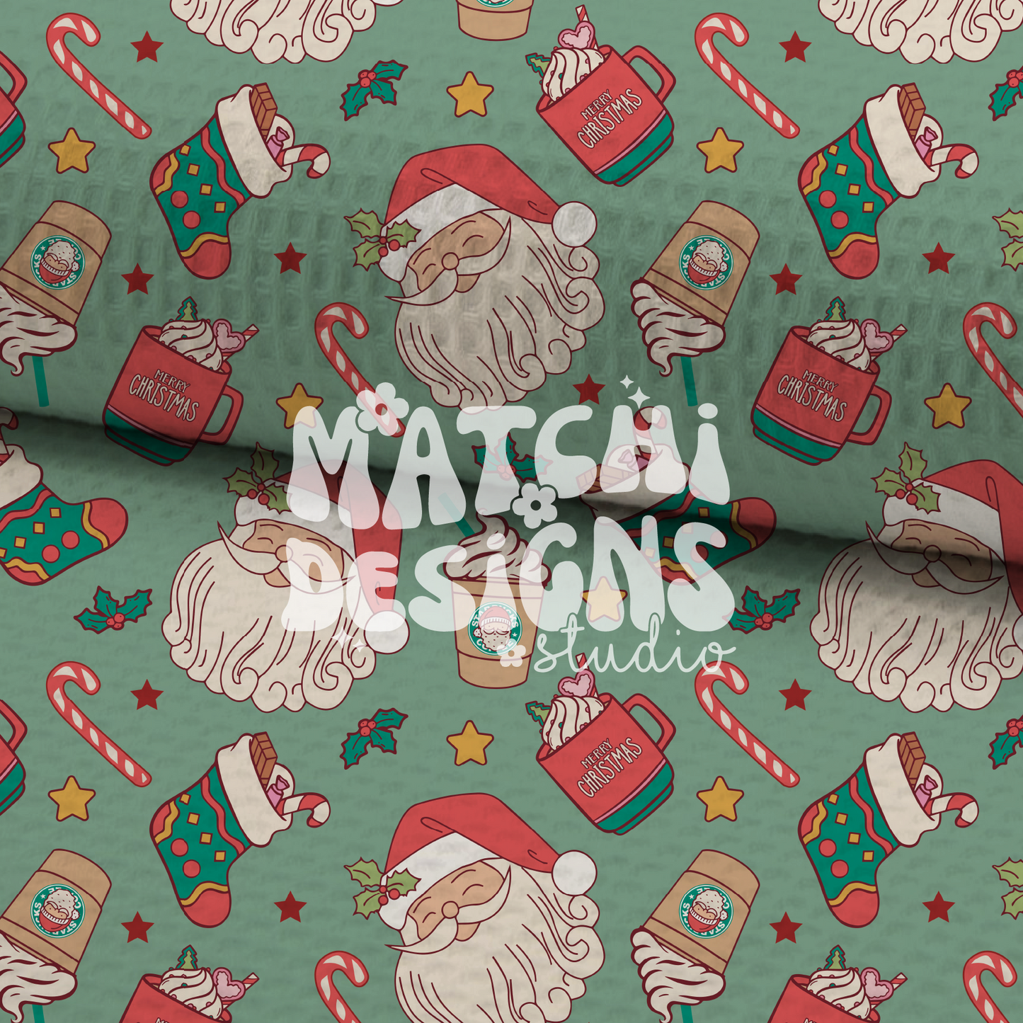 Christmas Santa Doodles Seamless Pattern, Green Xmas Pattern for Fabric Sublimation