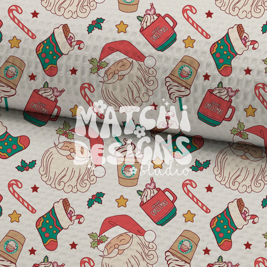 Christmas Santa Doodles Seamless Pattern, Retro Xmas Pattern for Fabric Sublimation