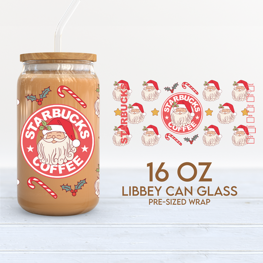 Santa Claus Starbucks Cup Wrap | 16oz Libbey Can Glass | Retro Christmas PNG SVG