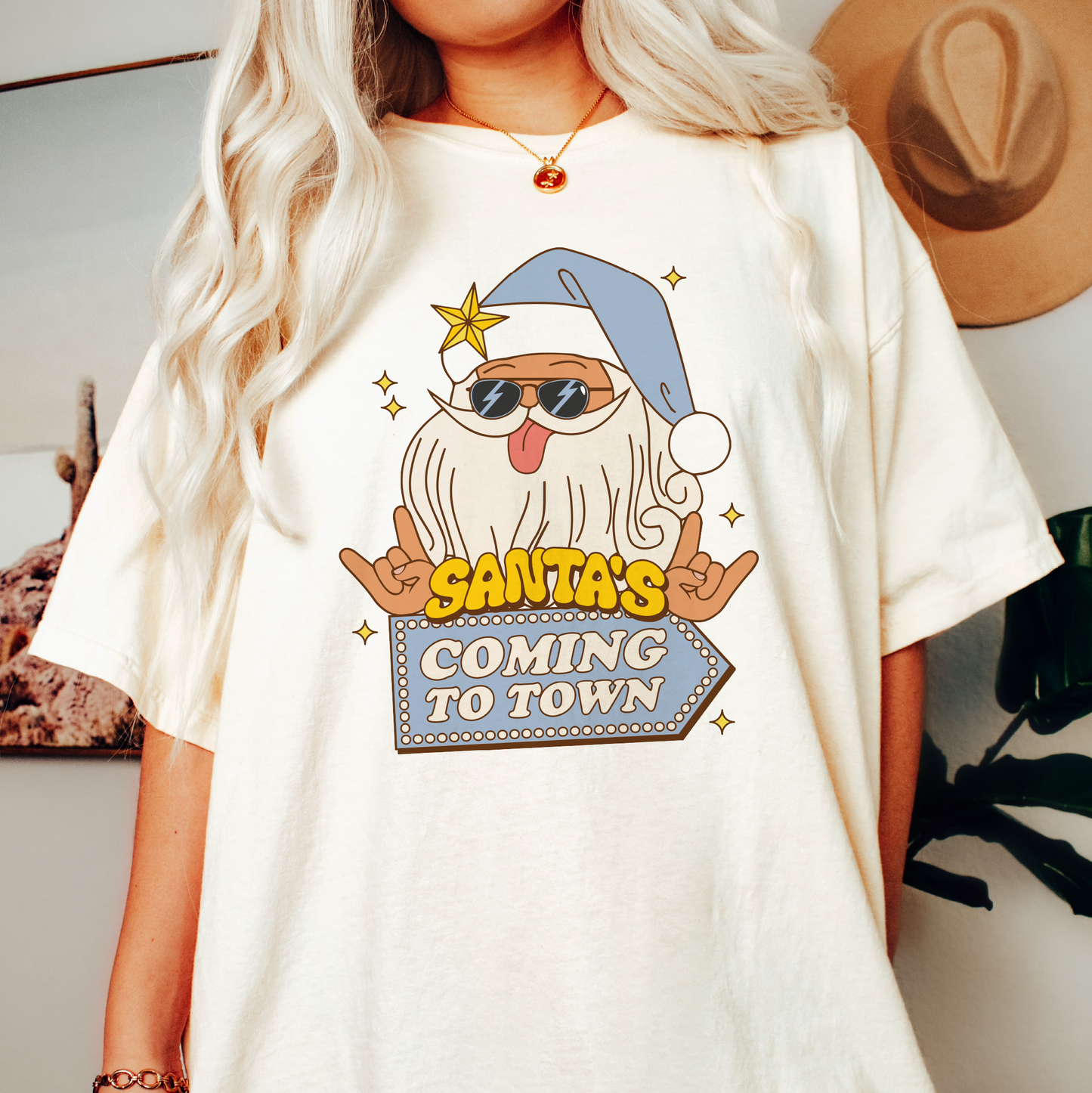 Santa's Coming to Town PNG SVG | Retro Christmas Sublimation | Cool Santa T shirt Design