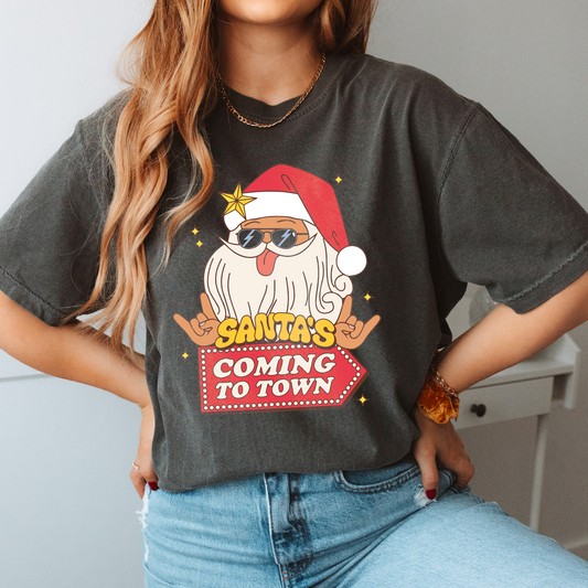 Santa's Coming to Town PNG SVG | Retro Christmas Sublimation | Cool Santa T shirt Design