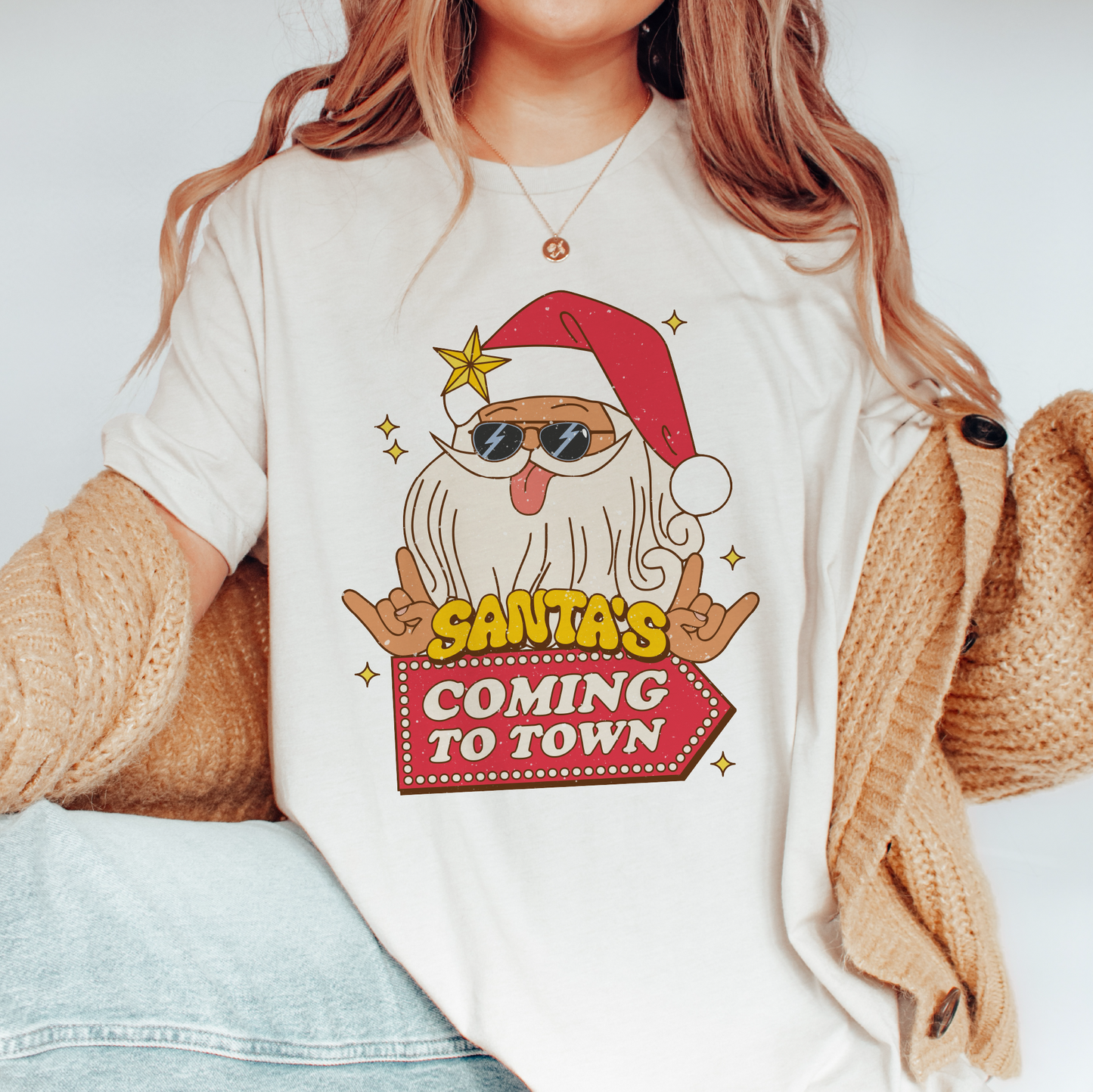 Santa's Coming to Town PNG SVG | Retro Christmas Sublimation | Cool Santa T shirt Design