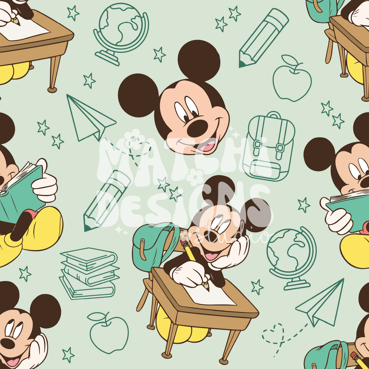 Back To School Magical Mouse Seamless Pattern, Green Pattern for Fabric Sublimation