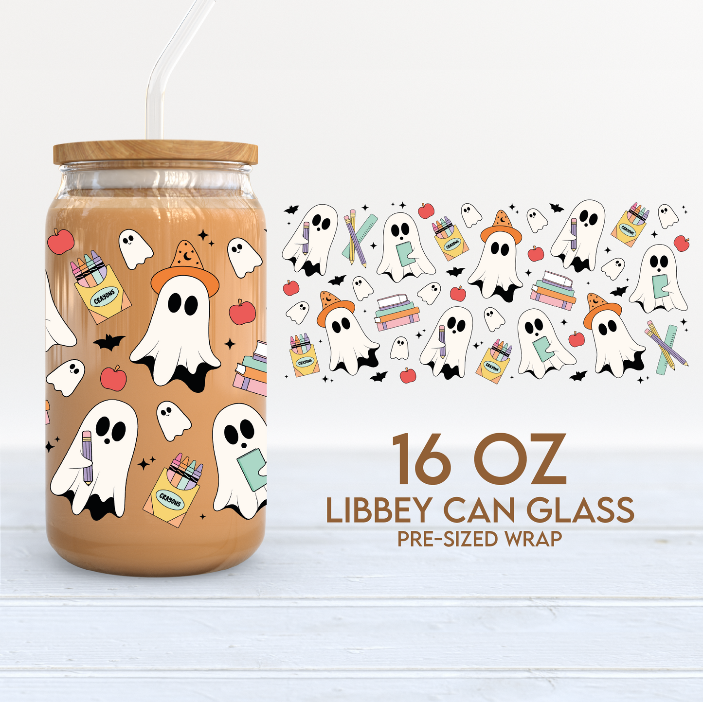 Spooky Back to School Cup Wrap | Teacher 16oz Libbey Can Glass | Ghosts PNG SVG