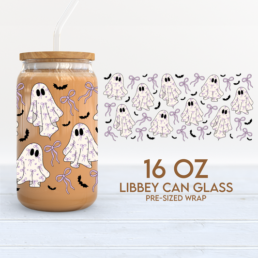Girly Ghosts & Bows Cup Wrap | Halloween 16oz Libbey Can Glass | Spooky PNG SVG