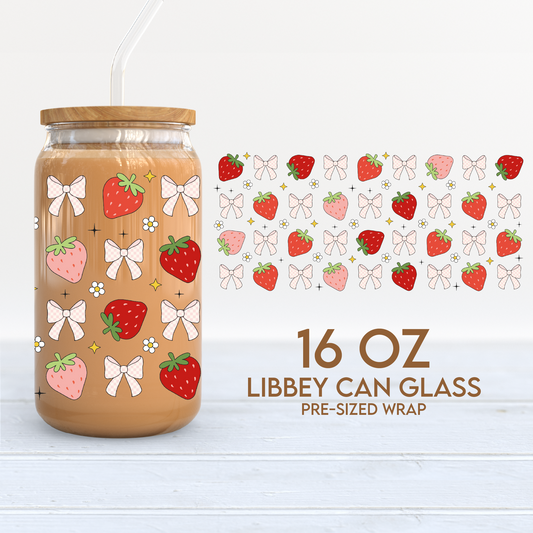 Strawberries & Bows Cup Wrap | Summer 16oz Libbey Can Glass | Trendy PNG SVG