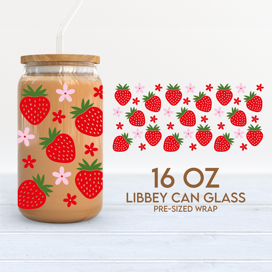 Strawberry Cup Wrap | Retro 16oz Libbey Can Glass | Summer Fruits PNG SVG