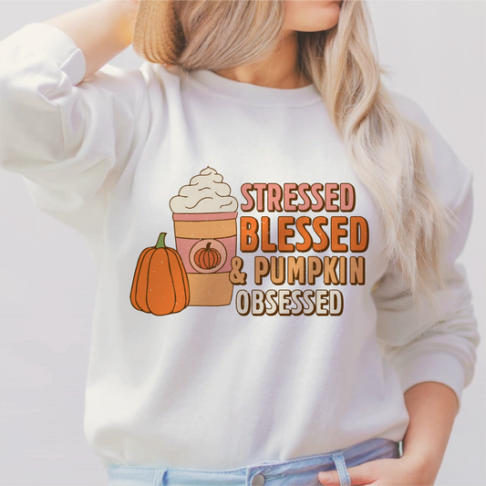 Stressed Blessed Pumpkin Obsessed PNG SVG | Fall Sublimation | Autumn T shirt Design