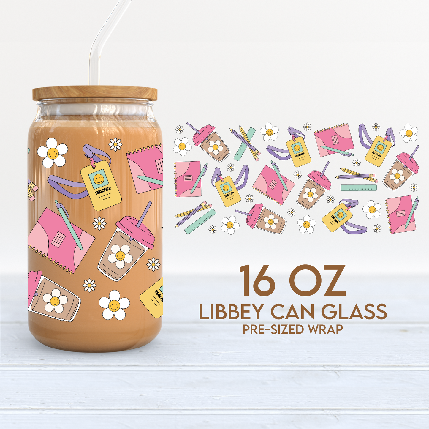 Teacher Stuff Cup Wrap | Back to School 16oz Libbey Can Glass | Teacher PNG SVG