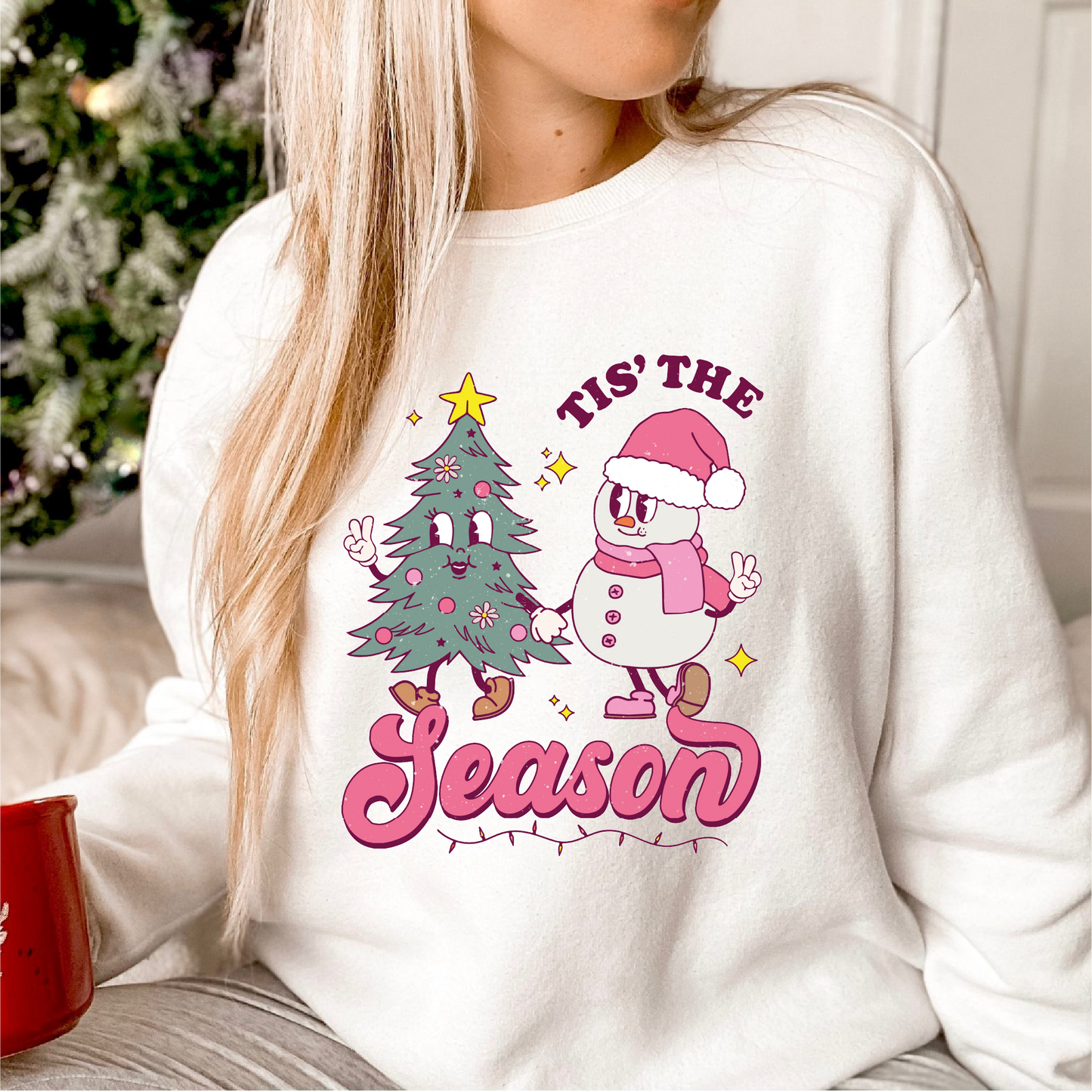 Tis' The Season Pink PNG | Retro Christmas Tree Sublimation | Retro Characters T shirt Design