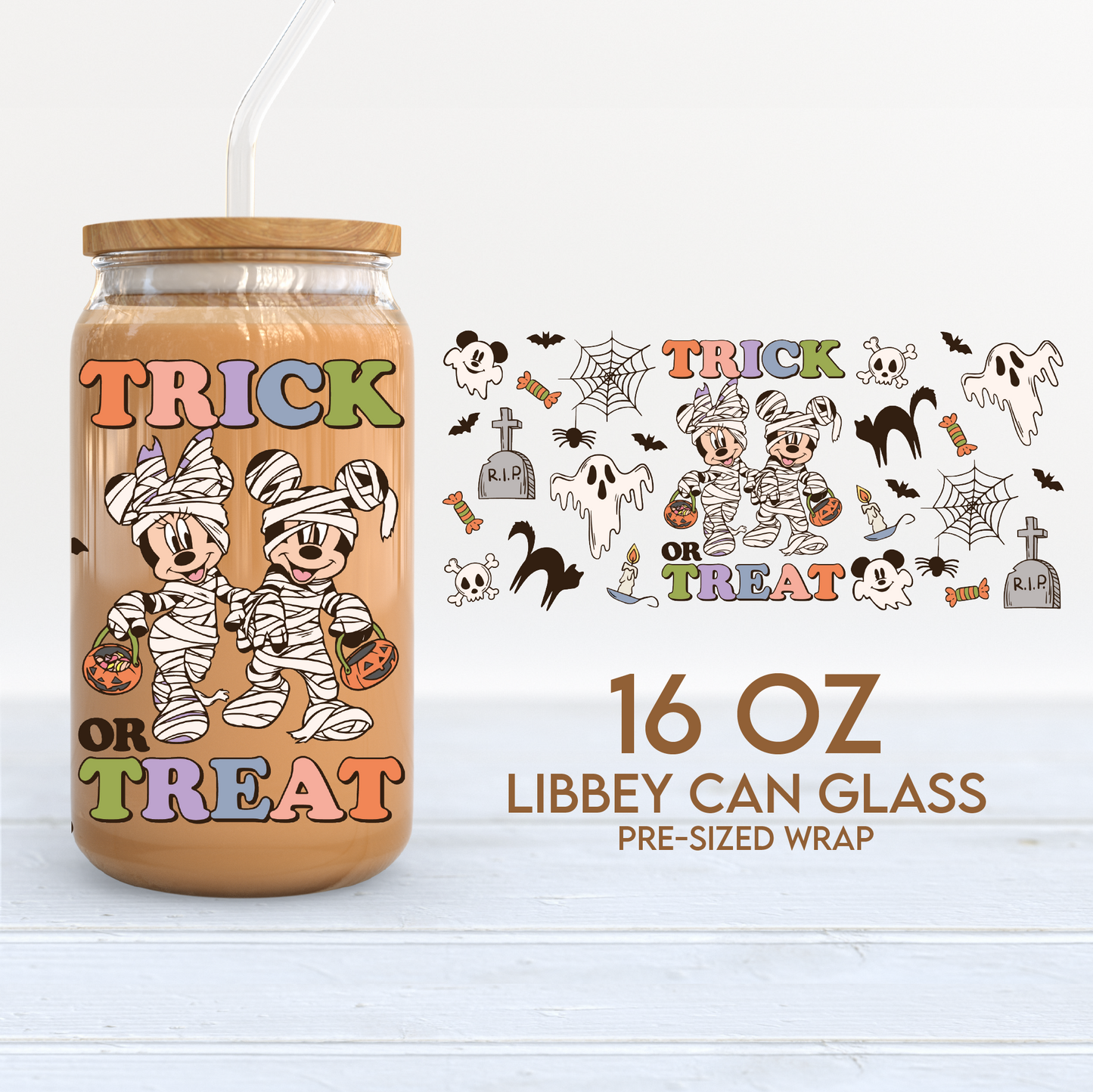 Trick Or Treat Halloween Cup Wrap | 16oz Libbey Can Glass | Magical Mouse PNG SVG