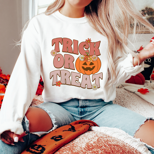 Trick or Treat PNG SVG | Retro Fall Sublimation | Halloween Pumpkin T shirt Design