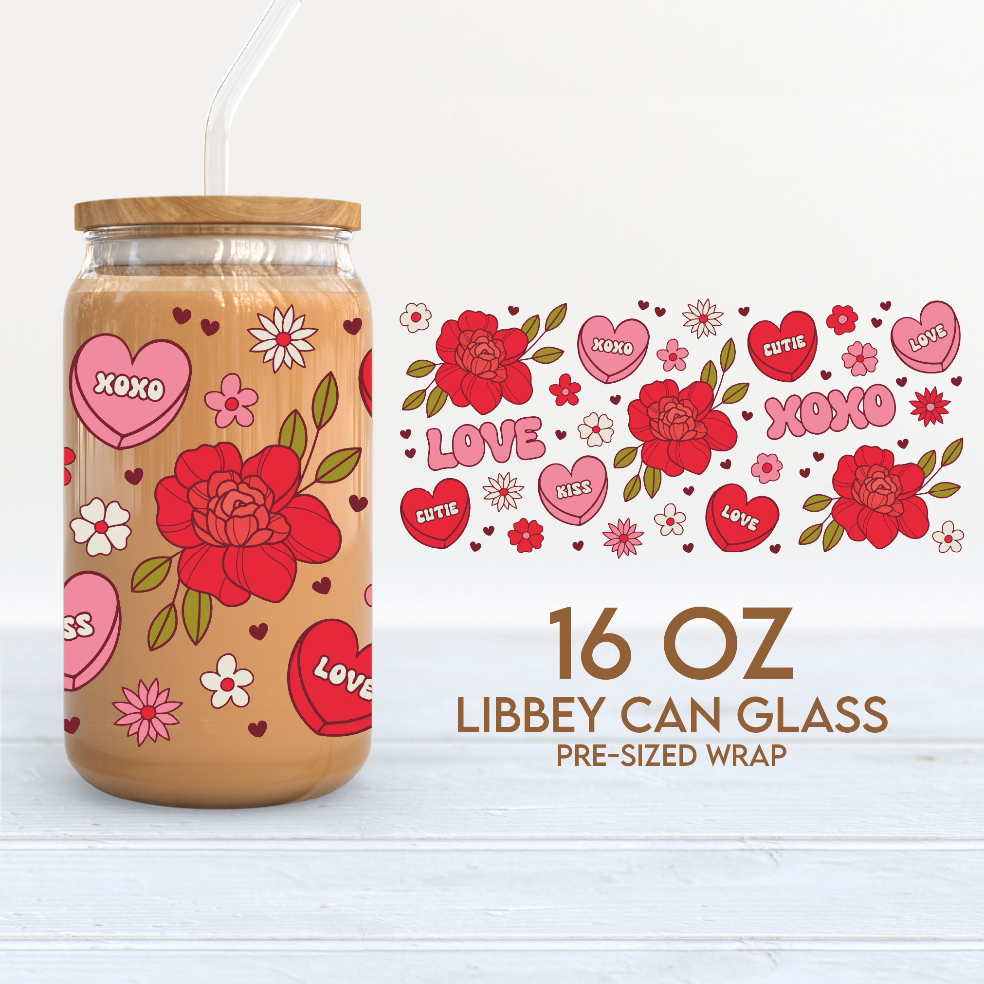 Libbey Can Glass Full Wrap Flower 16oz Libbey Glass Can png
