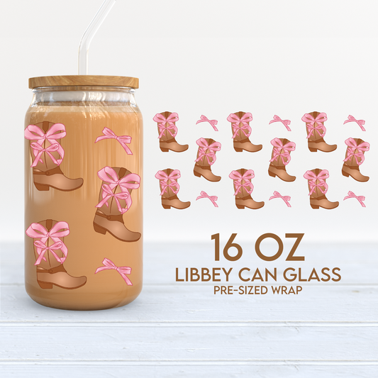 Western Coquette Cup Wrap | 16oz Libbey Can Glass | Cowboy Boots & Pink Bow PNG SVG