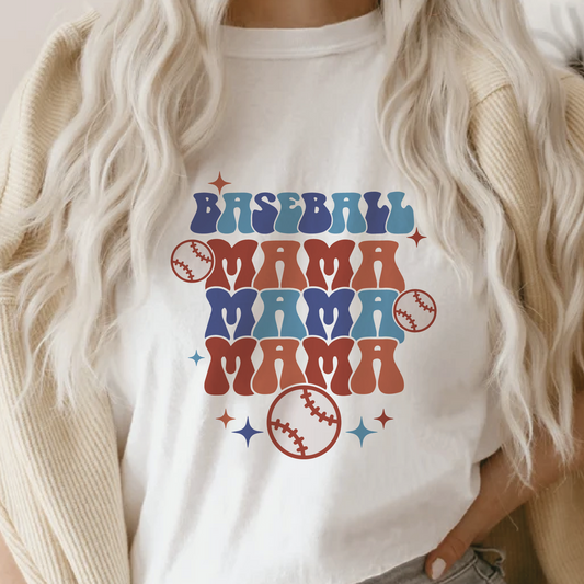 a woman wearing a baseball mama mama t - shirt