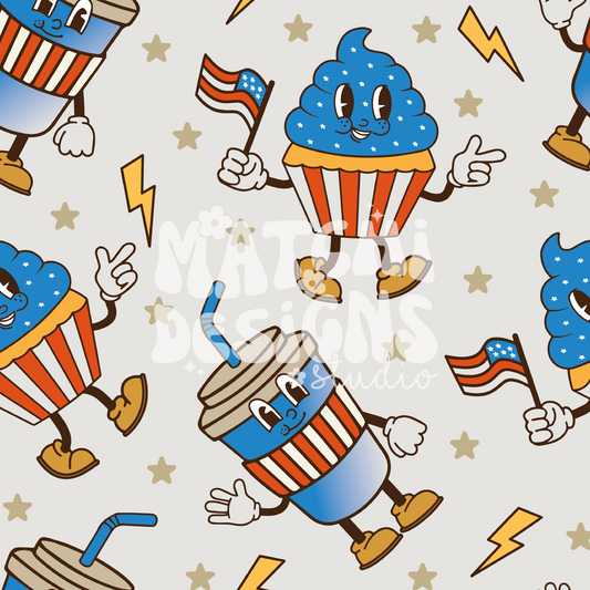 4th of July Seamless Pattern, Groovy Characters Repeat Pattern for Fabric Sublimation