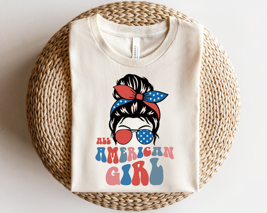 All American Girl SVG PNG | Messy Bun Sublimation | Fourth of July | Retro Vintage T shirt Design