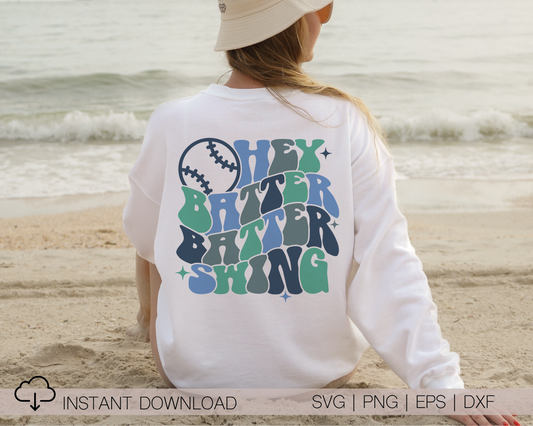 Hey Batter Batter Swing SVG PNG | Groovy Baseball Sublimation | Retro T shirt Design