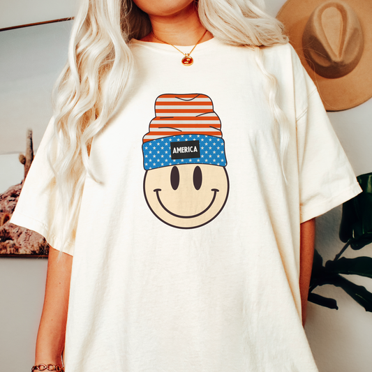 America Beanie Smile PNG | Retro 4th of July Sublimation | Patriotic T shirt Design