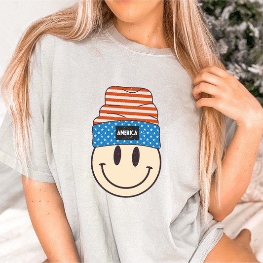 America Beanie Smile PNG | Retro 4th of July Sublimation | Patriotic T shirt Design