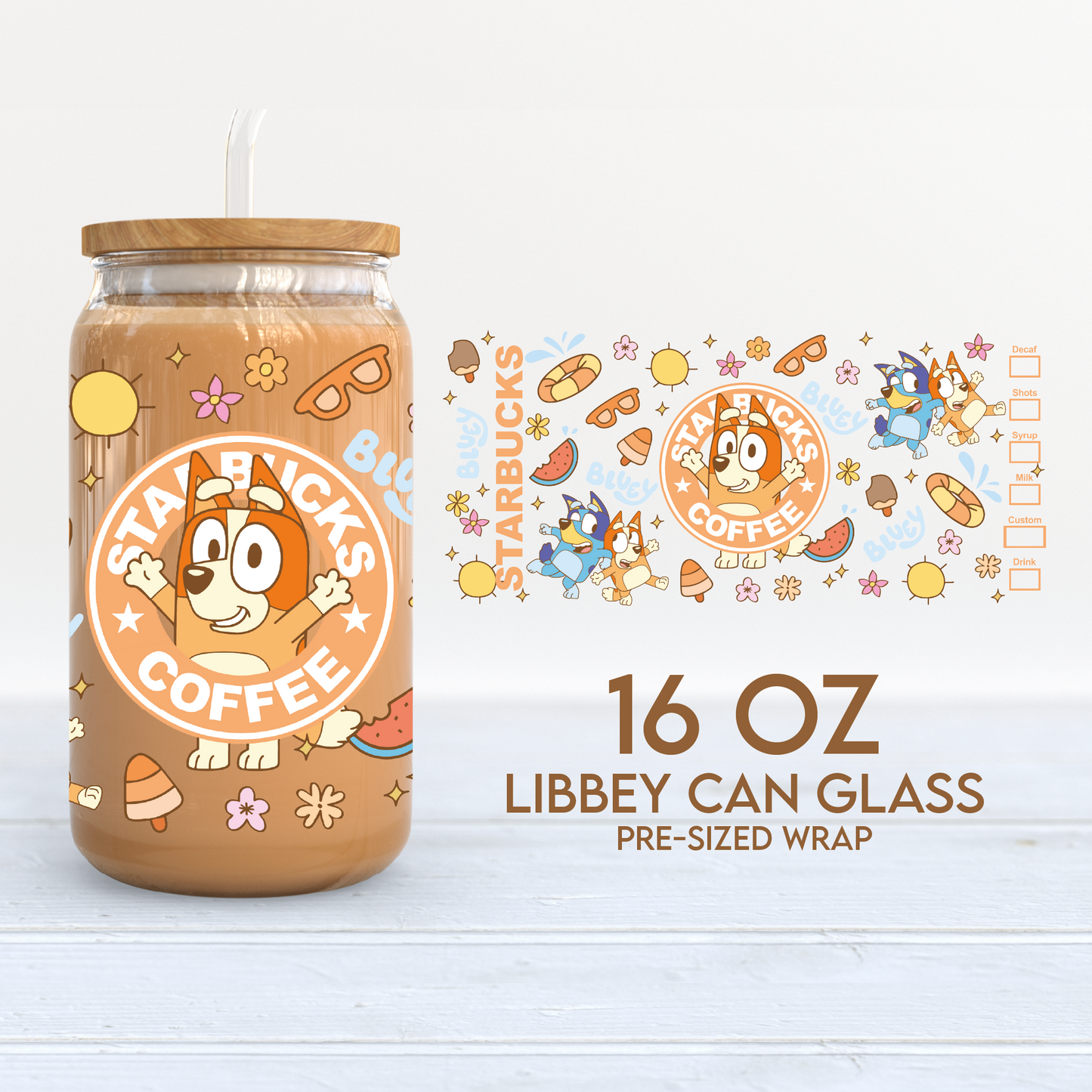 Bingo Cup Wrap | Starbucks 16oz Libbey Can Glass | Bluey and Bingo PNG SVG