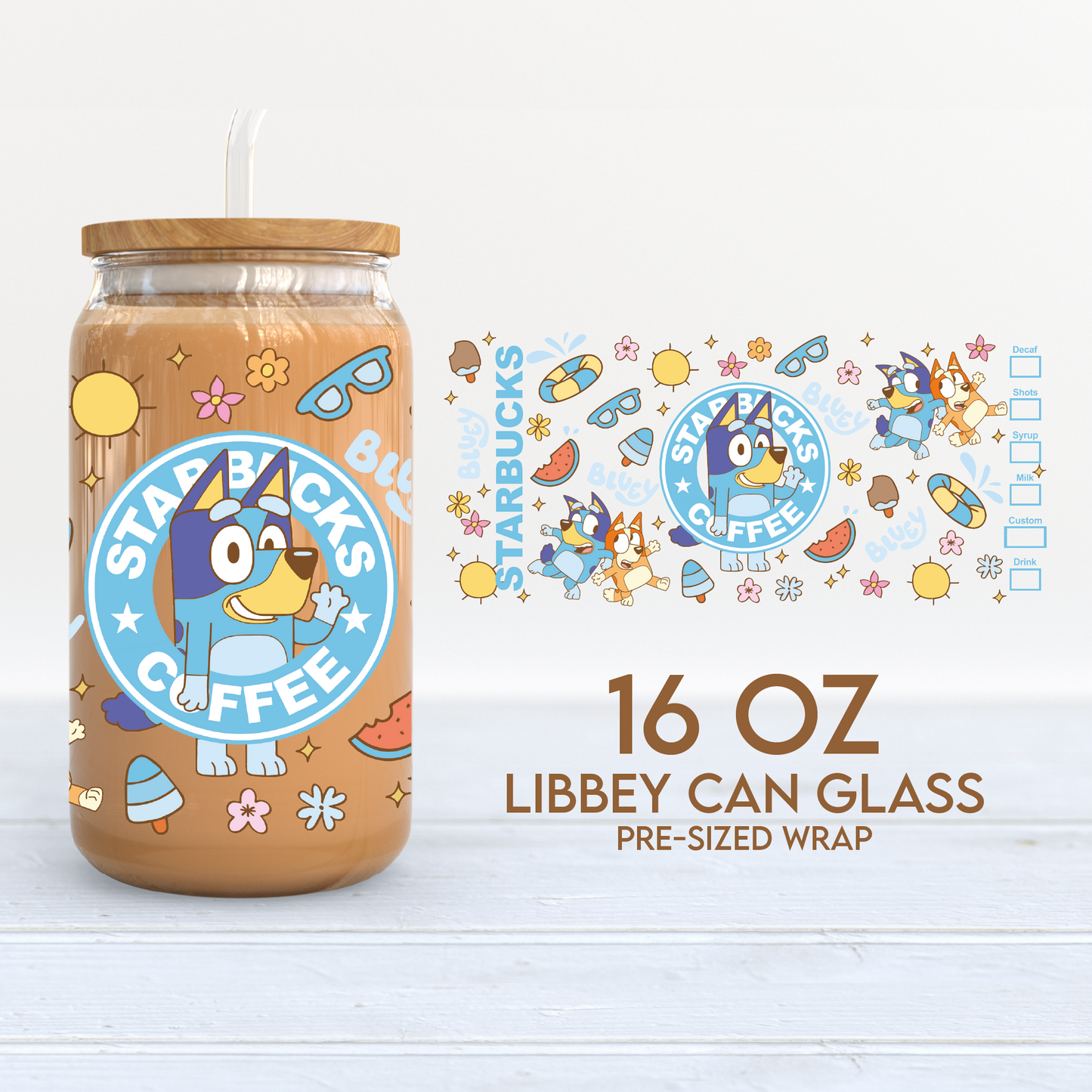 Bluey Cup Wrap | Starbucks 16oz Libbey Can Glass | Bluey and Bingo PNG SVG
