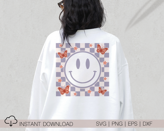 Checkered Pattern Smile Face SVG PNG | Butterfly Sublimation | Inspirational | Retro Vintage T shirt Design