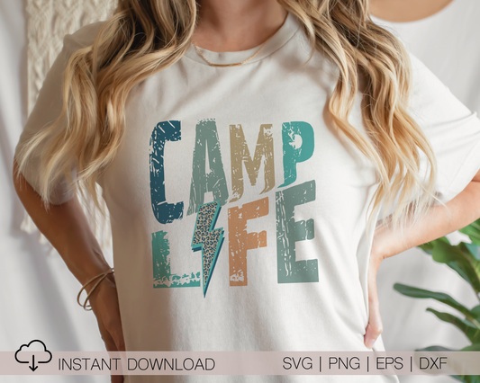 Camp Life SVG PNG | Distressed font Sublimation | Leopard Lightning Bolt | Summer T shirt Design