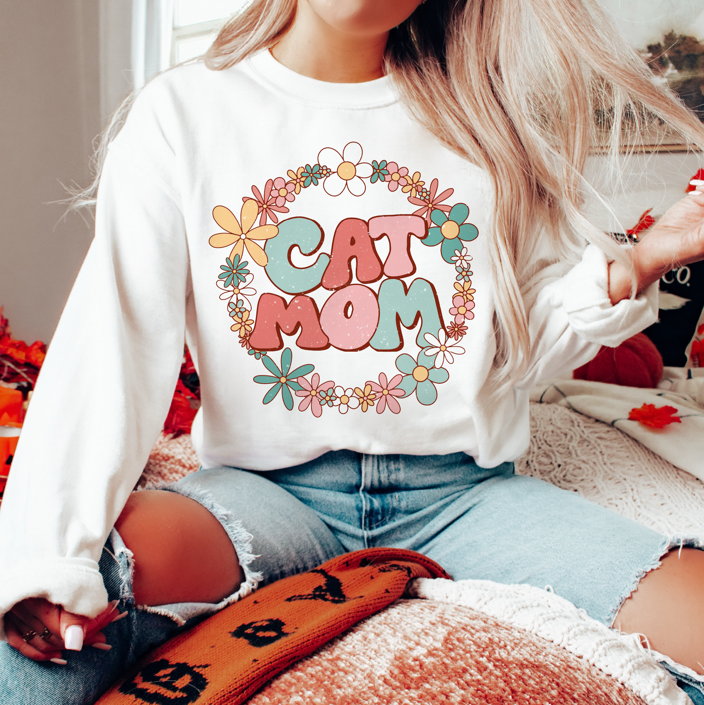 Cat Mom SVG PNG | Floral Cat Mom Sublimation | Retro Groovy T shirt Design