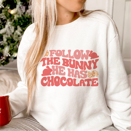 Follow the Bunny He Has Chocolate PNG SVG | Easter Sublimation | Bunny T shirt Design