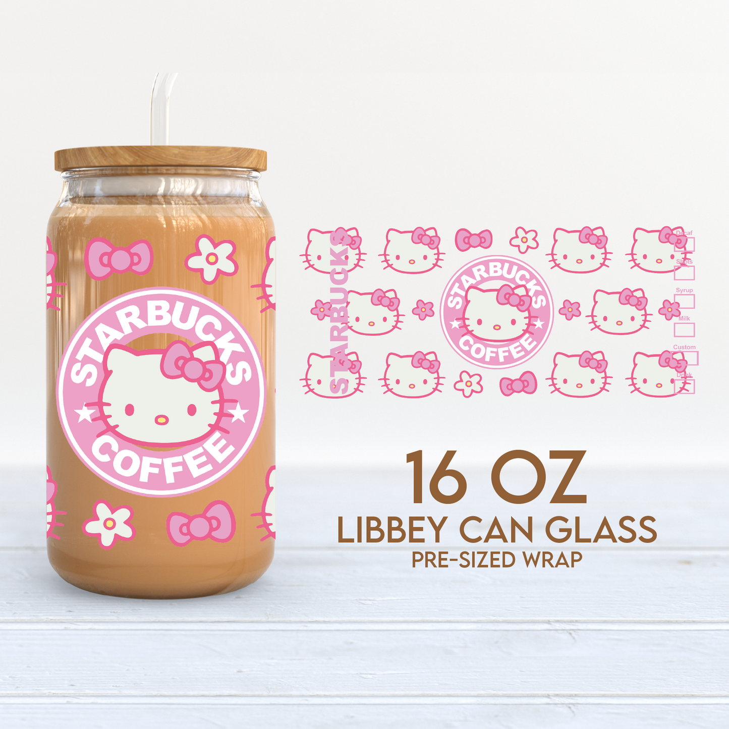 Hello Kitty Cup Wrap | Starbucks 16oz Libbey Can Glass | Pink Cat PNG SVG