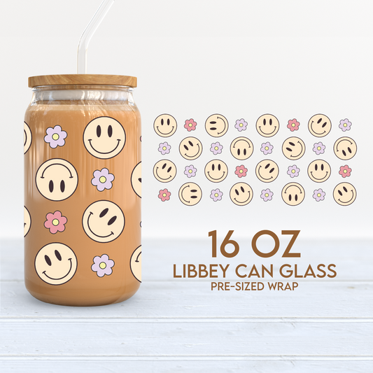 Smile Face Cup Wrap | Retro 16oz Libbey Can Glass | Happy Face PNG SVG