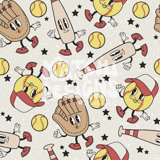 Softball Seamless Pattern, Groovy Softball Repeat Pattern for Fabric Sublimation