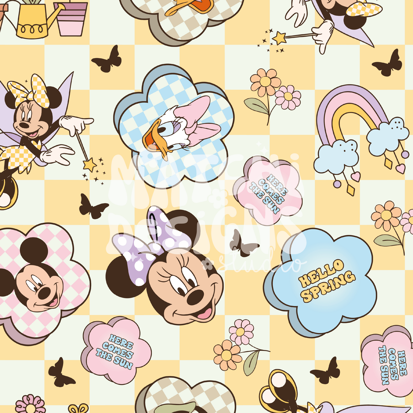 Yellow Spring Magical Mouse Ears Seamless Pattern, Repeat Pattern for Fabric Sublimation