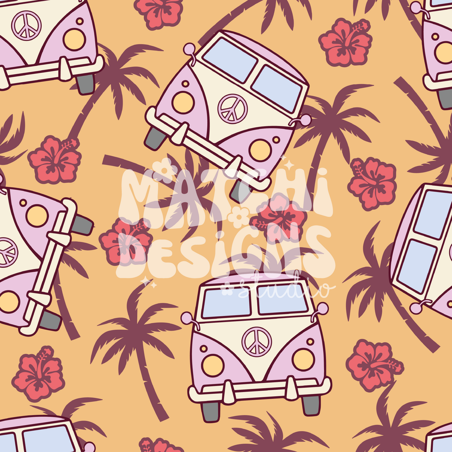 Hippie Summer Seamless Pattern, Groovy Repeat Pattern for Fabric Sublimation