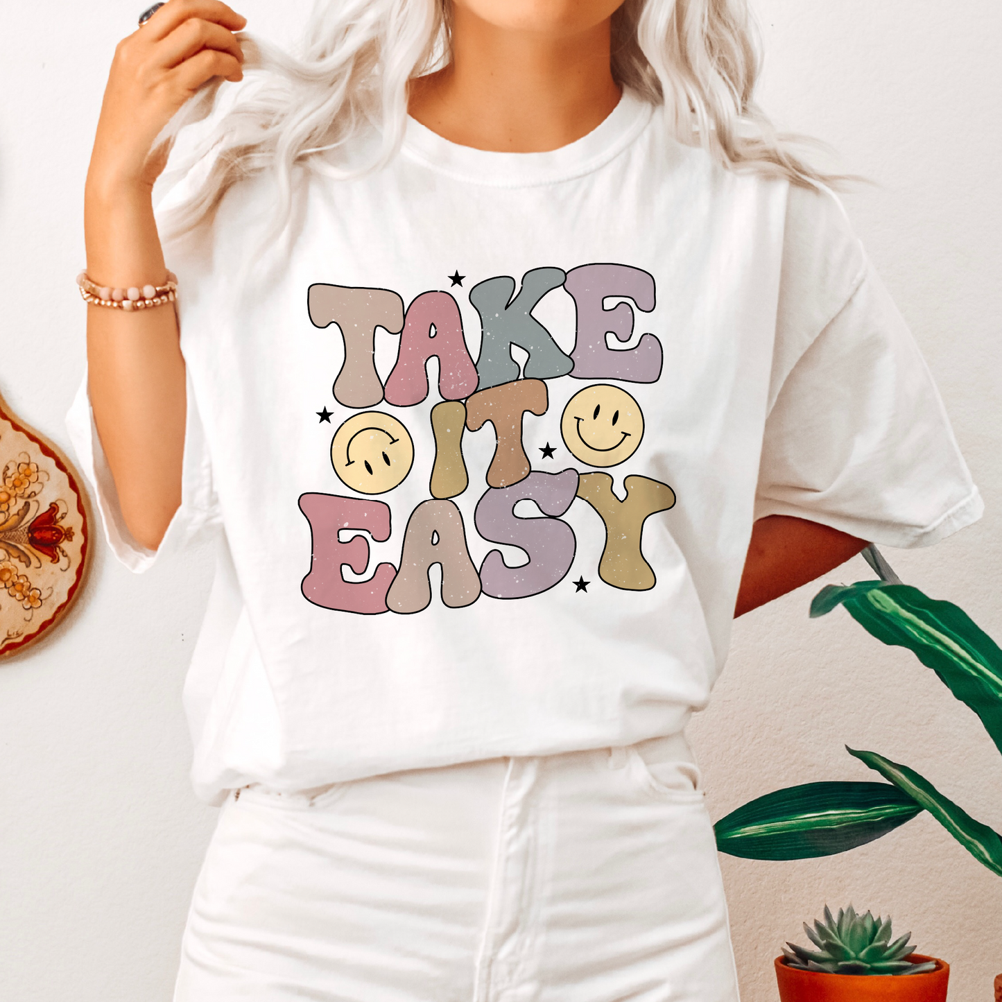 Take It Easy PNG SVG | Retro Inspirational Sublimation | Smile Face T shirt Design