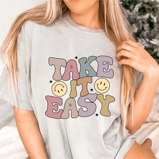 Take It Easy PNG SVG | Retro Inspirational Sublimation | Smile Face T shirt Design