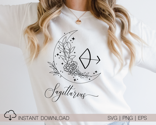 Sagittarius SVG PNG | Zodiac | Sagittarius Girl Woman | Floral Moon | T shirt Design Cut file