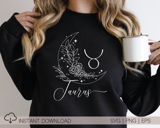 Taurus SVG PNG | Zodiac | Taurus Girl Woman | Floral Moon | T shirt Design Cut file