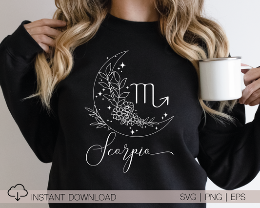 Scorpio SVG PNG | Zodiac | Scorpio Girl Woman | Floral Moon | T shirt Design Cut file